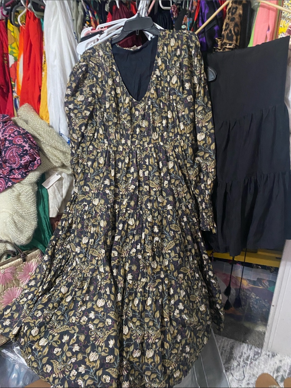 Black Floral Long-Sleeve Tiered Midi Dress